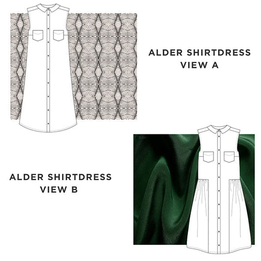 Alder Shirtdress pattern Views A and B: long-sleeved and sleeveless versions shown as line drawings with fabric swatches