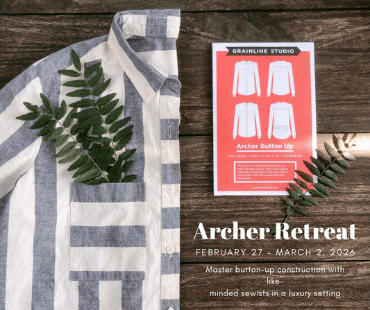 Flyer for Grainline Archer Button Up Retreat, February 27–March 2 in Michigan, with striped shirt and Archer pattern on wood