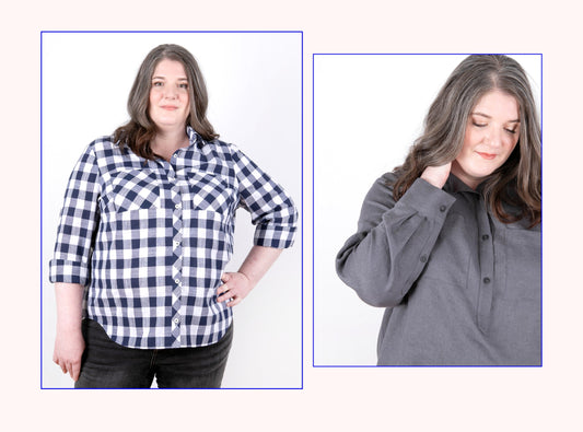 Two Archer variations modeled: navy and white plaid linen button-up with rolled sleeves and charcoal gray linen Archer Popover
