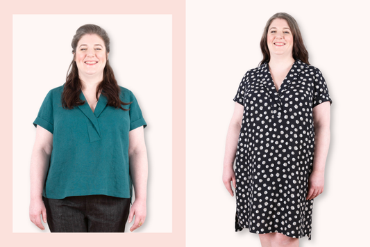 Augusta Top in teal linen and Augusta Dress in black and white dot print, short-sleeved with notched collar, on size 20 model