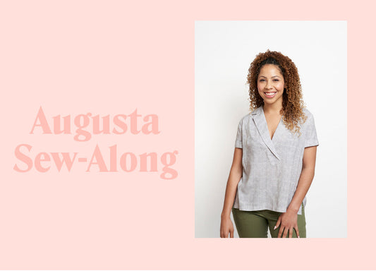 Augusta Sew-Along graphic with model wearing gray checked Augusta Shirt, short sleeves and olive pants, on pink background