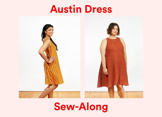 Austin Dress Sew-Along graphic with two View A versions: gold striped and rust, both sleeveless A-line on pink background