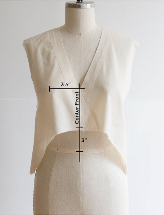 Felix Dress muslin on dress form with center front measurements annotated: 3½ inches at bust and 3 inches at bottom of bodice
