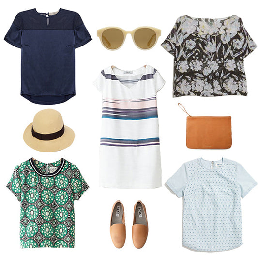 Summer wardrobe inspiration with tops in navy, floral, green geometric, and stripes, a straw hat, tan clutch, and loafers