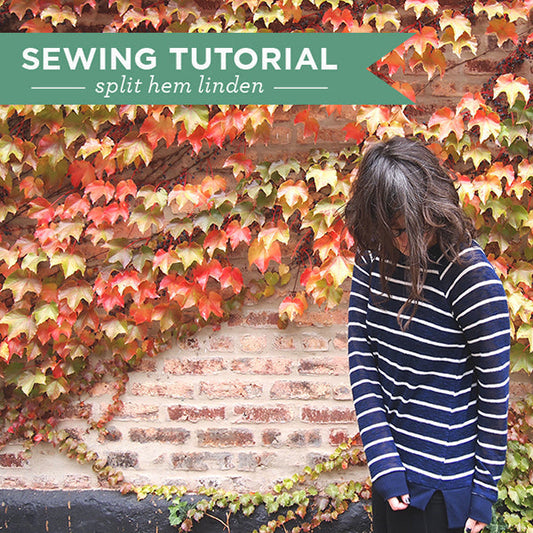 Split Hem Linden sewing tutorial graphic, person in navy striped sweatshirt against a brick wall covered in fall ivy