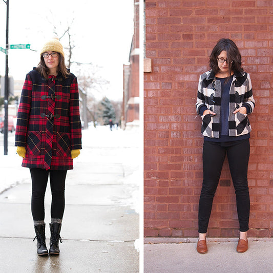 Two Grainline makes: Cascade Duffle in red plaid and Tamarack Jacket in black and cream plaid wool, worn outdoors in winter