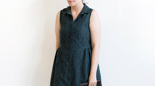 Alder Shirtdress in teal floral linen-tencel blend with collar, button-front placket, and gathered skirt panels