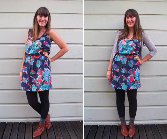 Sleeveless floral dress in navy, turquoise, and pink with drawstring waist, shown two ways with black tights and brown boots