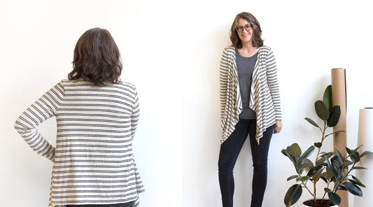Back and front view of striped Lark Cardigan in cream and navy horizontal stripes, styled with dark jeans and a gray tank top