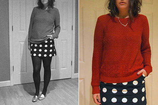 Navy polka dot Moss Skirt styled two ways: gray textured sweater in black and white photo, and red cable knit sweater in color