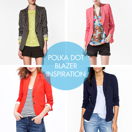 Polka Dot Blazer Inspiration mood board: black polka dot, pink, red, and navy blazers styled with colorful tops and shorts