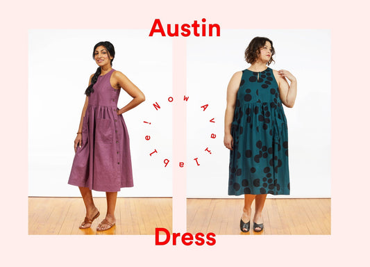 Austin Dress launch graphic: mauve linen cotton blend with button-front and teal rayon polka dot with keyhole neckline