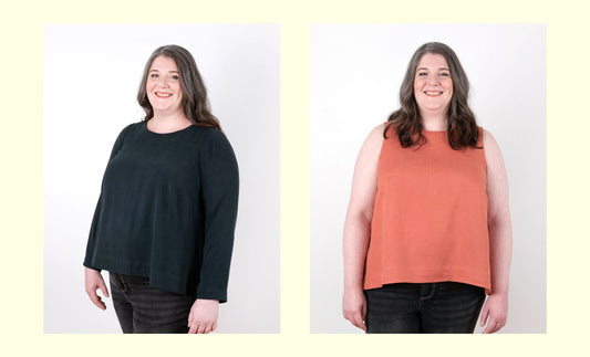 Two Hadley Top views on same model: navy long-sleeve and coral sleeveless, both paired with dark jeans on yellow background