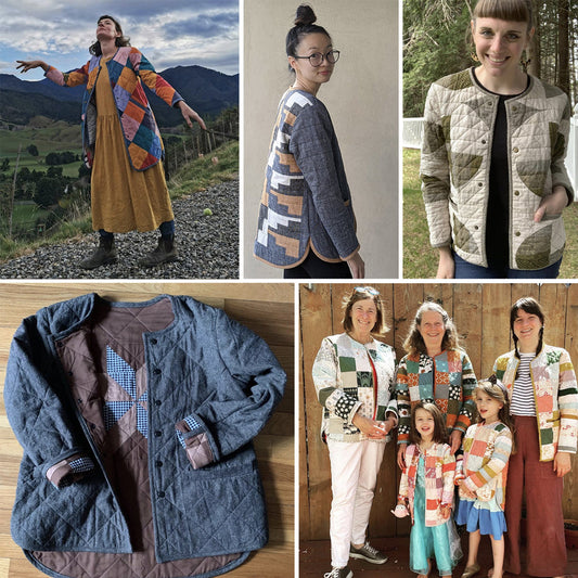 Nine Tamarack Jacket variations in patchwork, denim, and cream fabrics, including a family wearing matching jackets