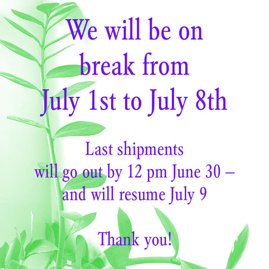 Grainline break graphic with green leaf design: on break July 1-8, last shipments by noon June 30, resuming July 9