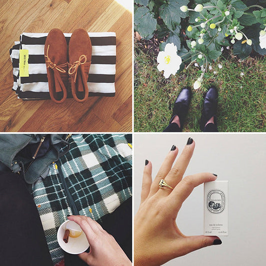 Four-panel lifestyle collage: striped pouch with moccasins, black boots by white flowers, plaid fabric, and a fragrance box