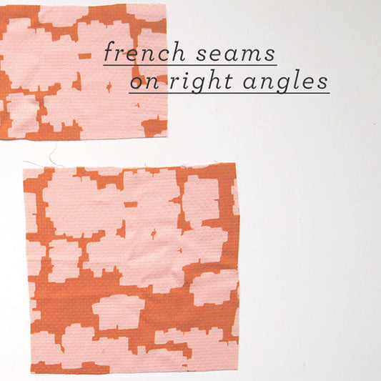 French seams on right angles tutorial showing coral and pink geometric print fabric samples with text overlay