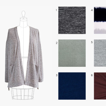 Driftless Cardigan on dress form with six fabric swatches in gray heather, sage, navy, black, gray stripe, and burgundy