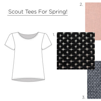 Scout Tee pattern illustration with three fabric swatches: black with white cross print, dusty rose linen, and gray texture