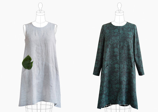 Farrow Dress pattern shown in gray linen sleeveless and teal abstract print long-sleeve versions on dress forms