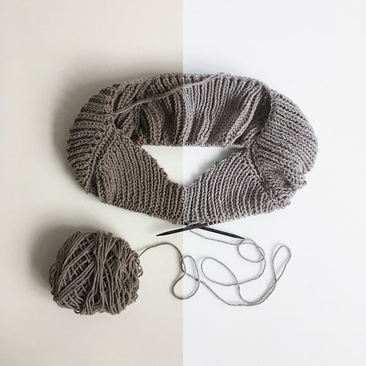 Gray fisherman's rib sweater in progress with yarn ball, split across a two-tone background for photo editing tutorial
