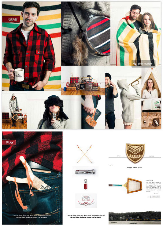 Camp Wandawega Store collage: lifestyle photos in plaid and knitwear, Hudson Bay blankets, and antique tennis rackets
