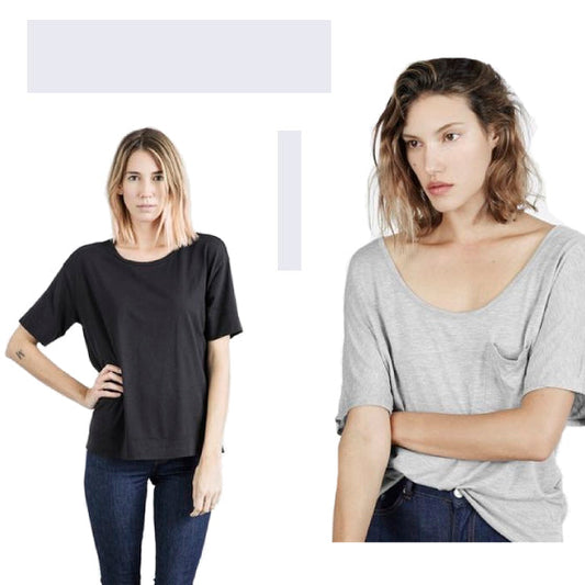 RTW inspiration for Penny Raglan: two women in relaxed raglan tees in black and heather gray, styled with jeans