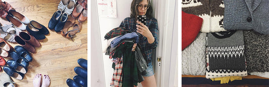 Three wardrobe images: shoe collection on wood floor, mirror selfie holding folded clothes, and stack of folded knit sweaters