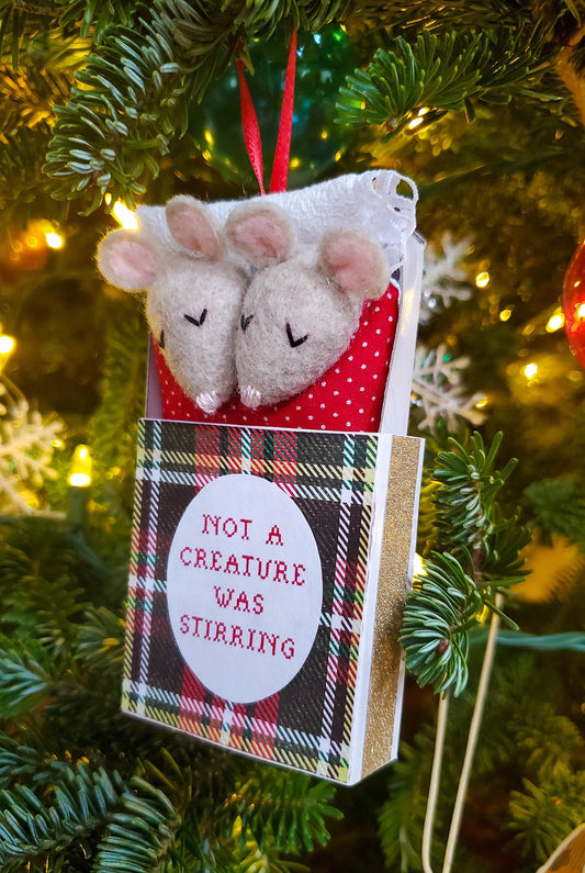 Grainline Sleeping Mice Ornament: felt mice in matchbox bed with "Not a Creature Was Stirring" text, on tree