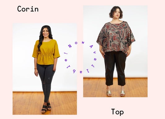 Corin Top in two versions: mustard yellow with elasticated waist, and burgundy abstract print with wide elbow-length sleeves