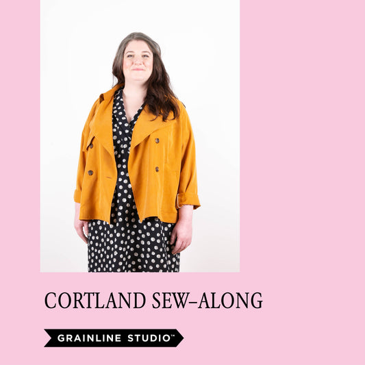 Cortland Sew-Along graphic: woman wearing mustard rayon twill Cortland Trench over polka dot Augusta dress"