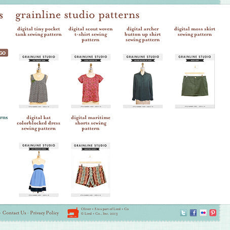 Grainline Studio patterns page: Tiny Pocket Tank, Scout Tee, Archer Button Up, Moss Skirt, Kat Dress, and Maritime Shorts