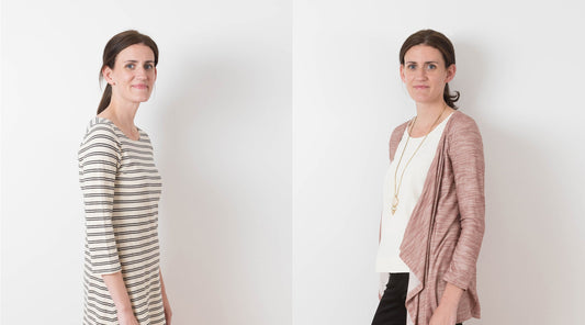 Lark Dress in cream and black stripe with three-quarter sleeves, and Lark Cardigan in mauve over white tank and black pants