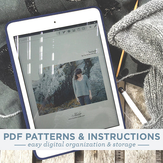iPad displaying Lucinda knitting pattern PDF with gray knit and needles nearby, text reads PDF Patterns and Instructions
