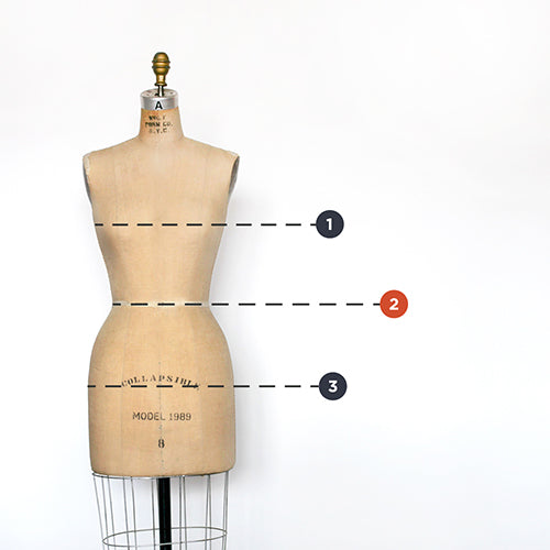 Vintage dress form with numbered dashed lines indicating bust, waist, and hip measurement points for Thayer Jacket sizing