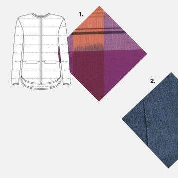 Sewing pattern line drawing of Tamarack Jacket with plaid and textured fabric swatches in burgundy, orange, and blue