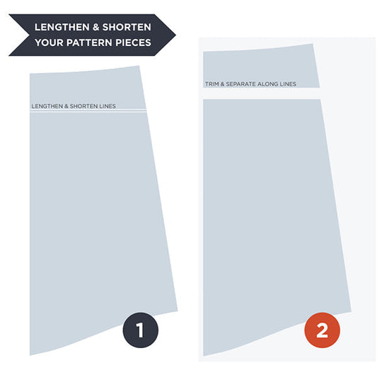 Two-step diagram showing how to lengthen and shorten Alder Shirtdress pattern pieces along marked lines