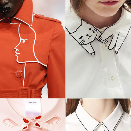 Collage of four creative shirt collar details including a face outline, cat embroidery, bow trim, and contrast piping