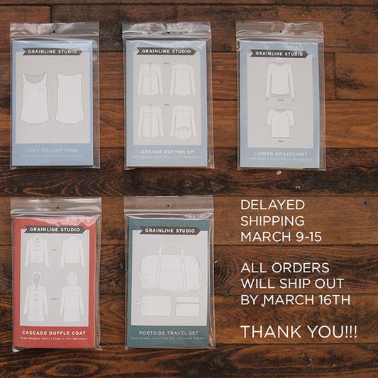 Grainline Studio patterns including Archer, Linden, Cascade, and Portside with delayed shipping notice through March 16th