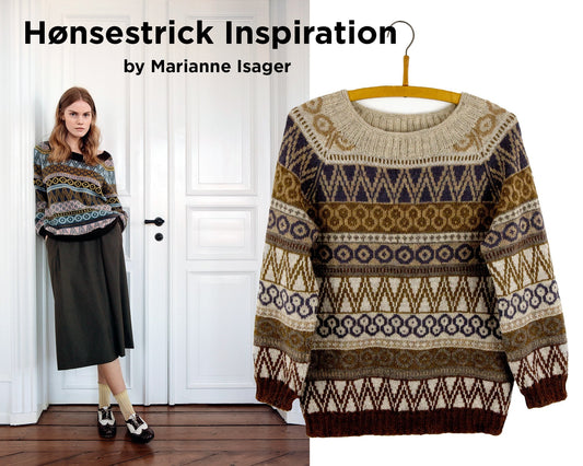 Hønsestrick Inspiration by Marianne Isager: multicolor Fair Isle sweater on hanger and modeled with olive midi skirt