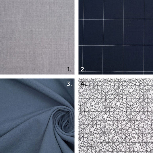 Morris Blazer fabric options: gray wool, navy grid check woven, blue stretch wool suiting, and white geometric print knit