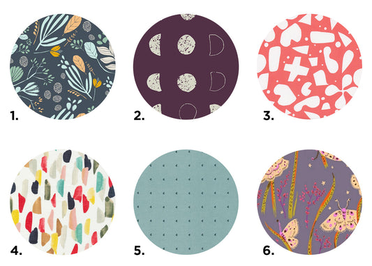 Six fabric swatches for Lakeside Pajamas: botanical, moon phase, abstract, brushstroke, geometric, and butterfly prints