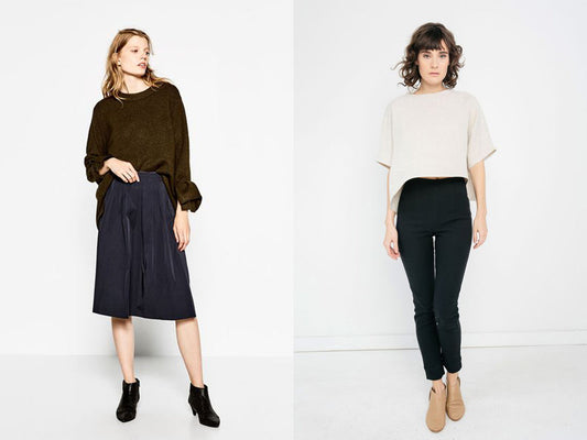 RTW inspiration: olive sweater with navy pleated midi skirt, and cream cropped tee with black tapered pants and tan boots