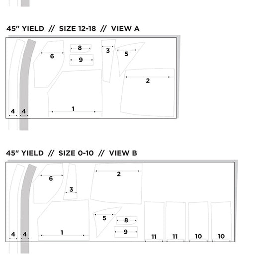 Alder Shirtdress cutting layouts for 45-inch fabric: View A sizes 12–18 and View B sizes 0–10 with numbered pattern pieces