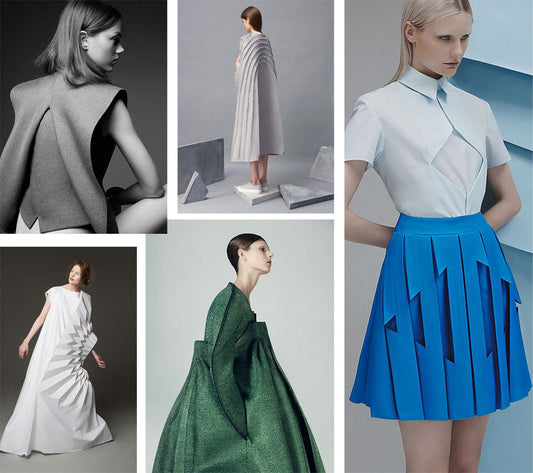 Sculptural pleats inspiration mood board with structured folds and dramatic silhouettes in gray, white, green, and blue