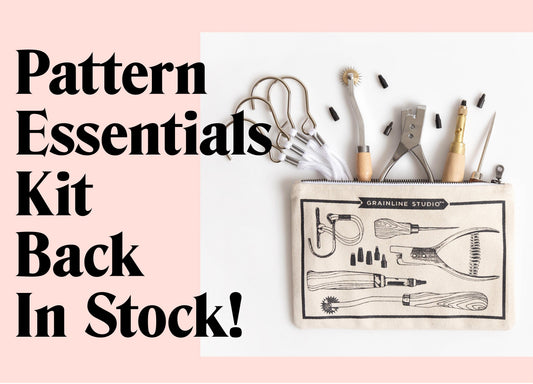Grainline Studio Pattern Essentials Kit Back In Stock graphic: canvas pouch with tools spilling out on a pink background