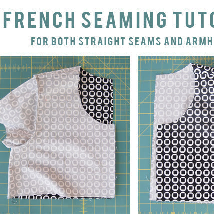 French seaming tutorial banner showing a half-sewn top with French seamed armhole and side seams on a green cutting mat