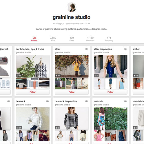 Grainline Studio Pinterest profile showing pattern boards for Alder, Hemlock, and Lakeside with sewing project inspiration photos