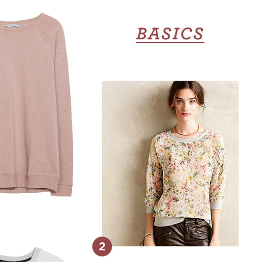 Linden Sweatshirt RTW inspiration showing mauve crew neck and floral print sweatshirt with leather pants, labeled Basics