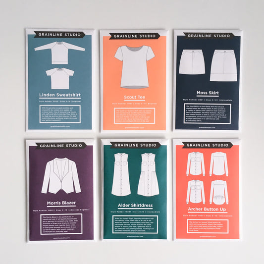 Grainline Studio patterns: Linden Sweatshirt, Scout Tee, Moss Skirt, Morris Blazer, Alder Shirtdress, and Archer Button Up